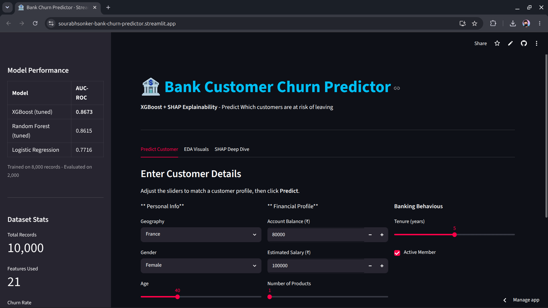 Bank Customer Churn Predictor Interface