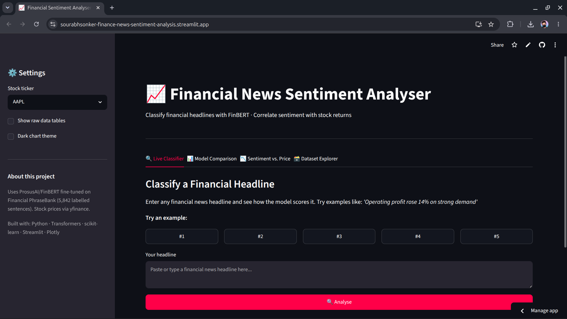 Financial News Sentiment Analyser Interface