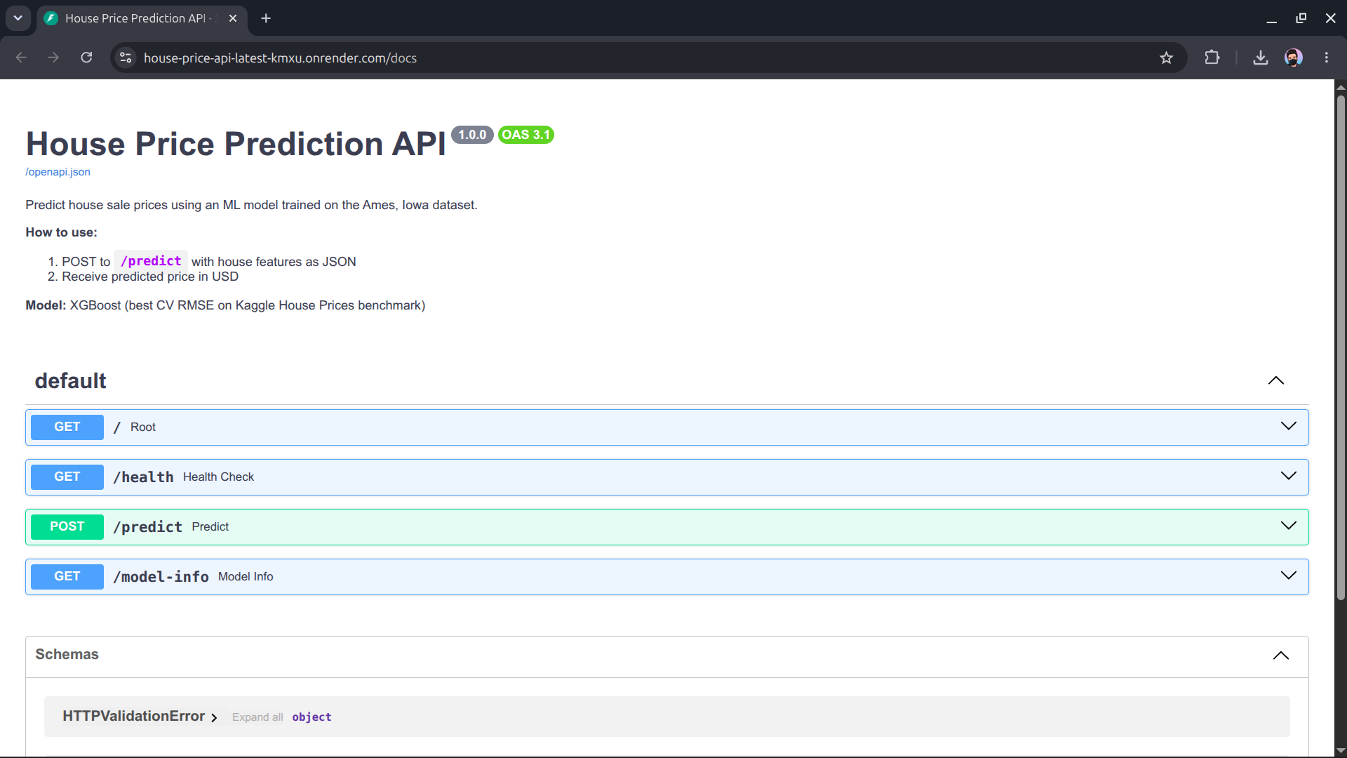 House Price Prediction API Documentation Interface